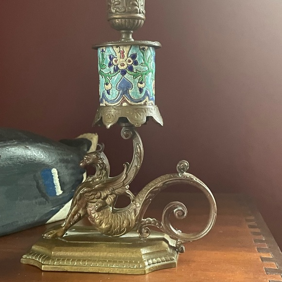 Antique French Longwy, Bronze Gargoyle Griffin Candlestick, Victorian, Gothic - Picture 2 of 12